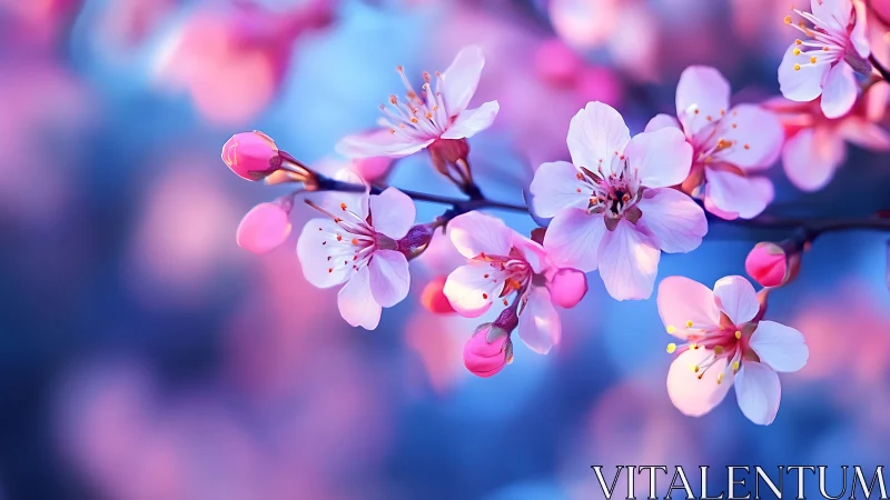 Cherry blossoms glow in dreamy pink and blue light.