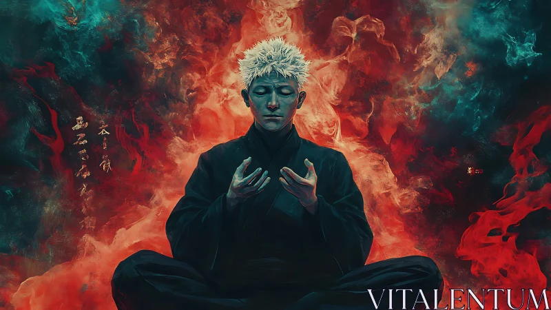 White haired figure meditating amid red and teal swirling smoke.