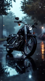 Black cruiser motorcycle on wet urban street at dusk.