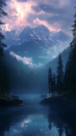 Moonlit alpine lake rests beneath glowing snow peaks.