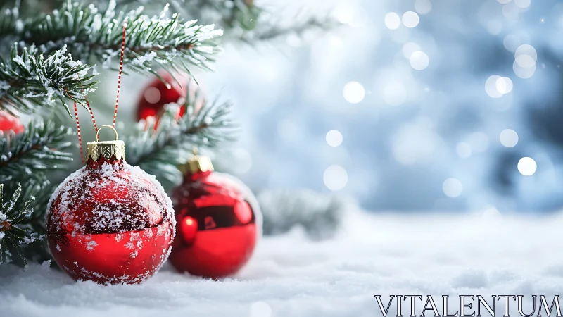 Snow-dusted red ornaments nestle softly beneath a pine bough