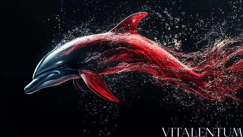 Hydrodynamic dolphin form rendered in translucent red fluid simulation