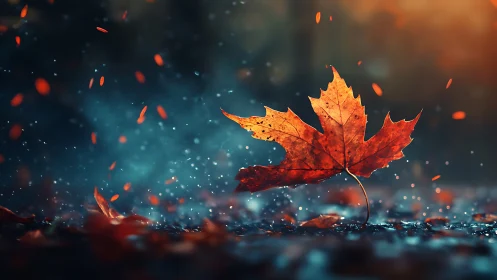 One glowing autumn leaf dances gently in soft evening light