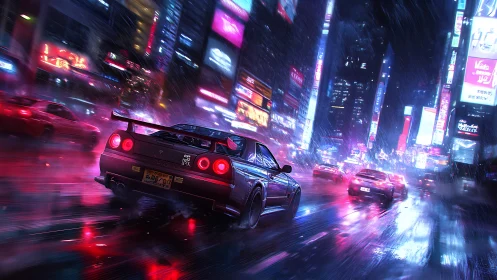 Night street race through neon soaked city in heavy rain.