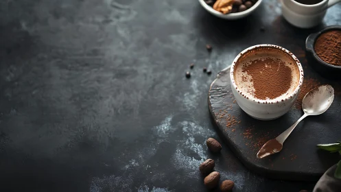 Coffee cup on slate board with cocoa and metal spoon.