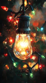 Painterly close-up of glowing bulb with festive string lights.