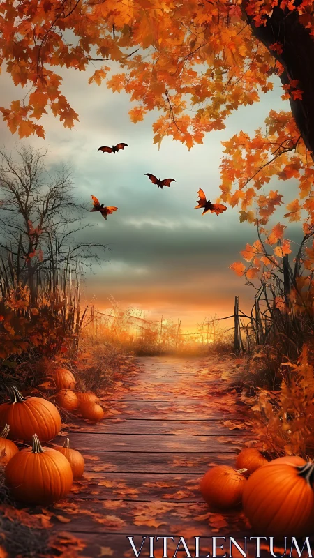 Pumpkin-lit dusk path where autumn and Halloween whisper.
