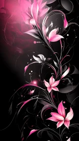 Pink Floral Vines on Black Background.