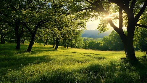Golden Hour Pastoral Landscape: Sunlit Grove with Verdant Meadow and Distant Mountains