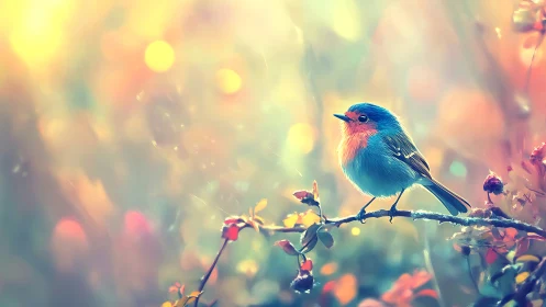 Vibrant Robin on Branch in Dreamy Pastel Nature Scene.