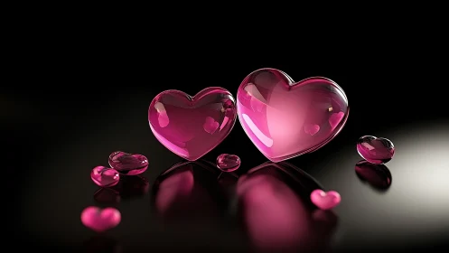 Transparent crystalline heart forms rendered with polished faceted surfaces and photorealistic refle
