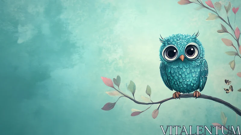 Whimsical Blue Owl on Branch Digital Art with Pastel Background.