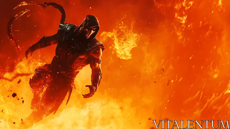 Armored infernal warrior emerges dynamically from raging fire