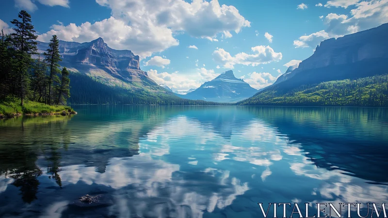 Mountain lake reflects stratified peaks under scattered clouds