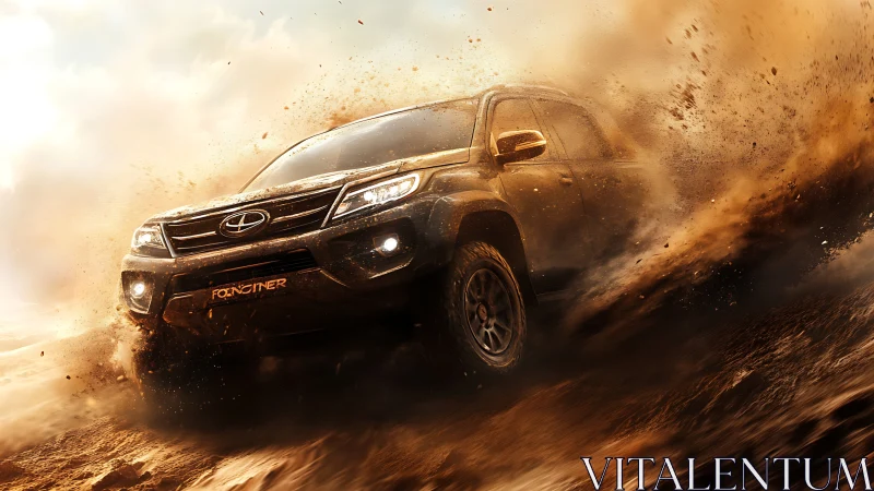Off-road SUV powers through desert dust at high speed.