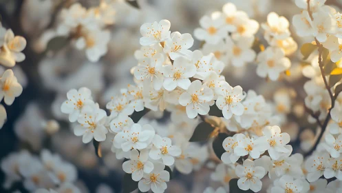 Delicate White Blossoms in Golden Spring Light