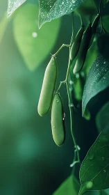 Morning dew on gentle green pea pods in quiet focus.
