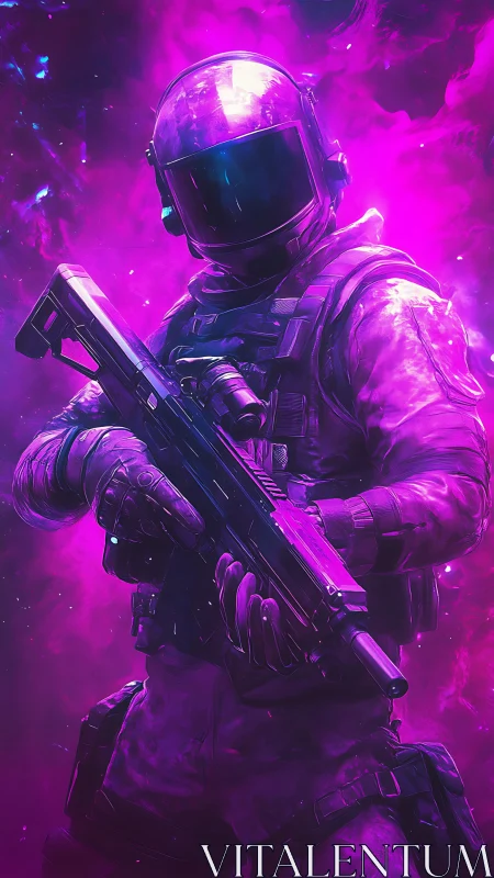 Neon void ranger cradling a rifle in ultraviolet stormlight.