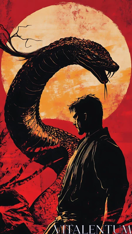Sun-scorched warrior confronts coiled serpent under blood moon.