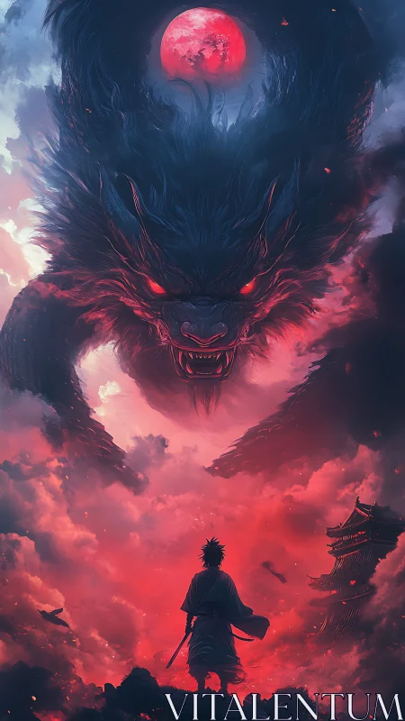 Swordsman faces colossal red eyed demon wolf in clouds