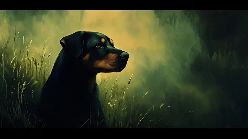 Canine profile in volumetric dusk field lighting study.