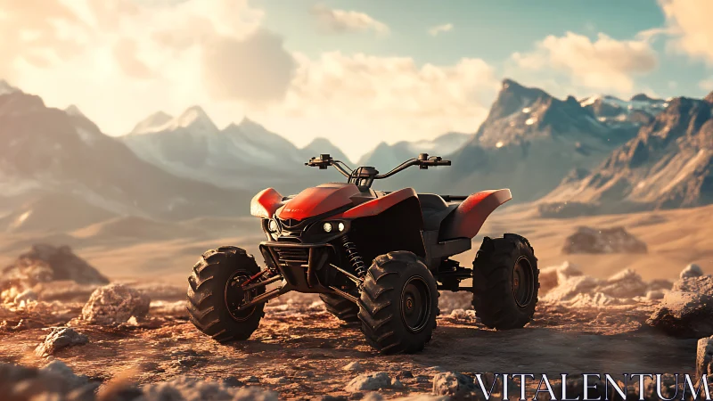 Sunlit desert quad roars quietly beneath painted mountain skies