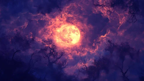 Enchanted full moon burns through violet storm clouds at dusk