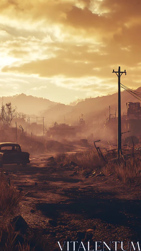 Desolate sunset highway through misty post apocalyptic ruins.