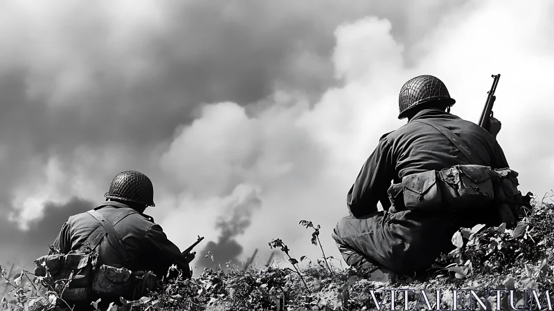 Wartime soldiers crouch under stormy clouds in stark monochrome.