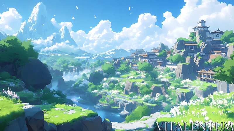 Sunlit mountain village gazes over a bright, winding river