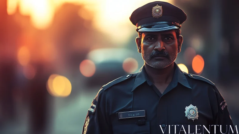 Resolute police officer stands guard in warm city dusk light