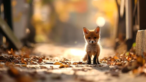 Curious baby fox stands on a sunlit leaf-strewn pathway.