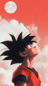 Animated figure observing pale sky sphere in red clouds.