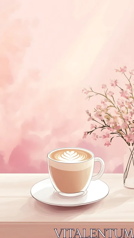 Digital painting of latte art with soft pastel floral backdrop.