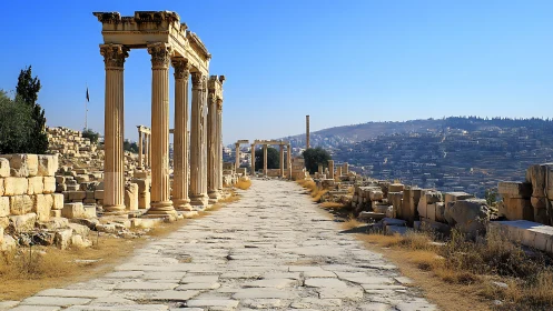 Sunlit Roman colonnade lines ancient stone city street.