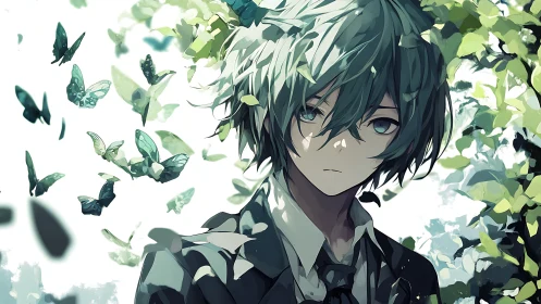 Melancholic anime boy stands amid teal butterflies outdoors