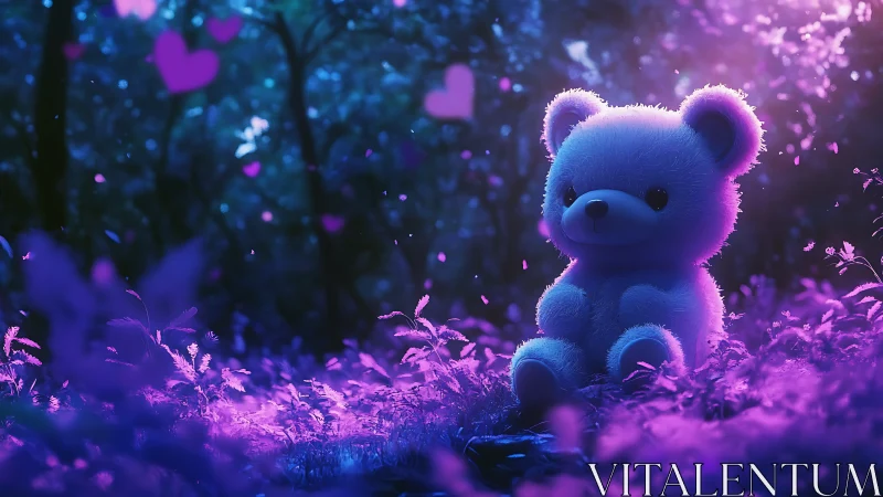 Fluffy teddy bear glows softly in a dreamy neon forest.