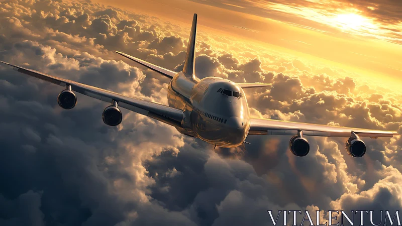 Sunlit jetliner carving through dramatic sunset clouds.