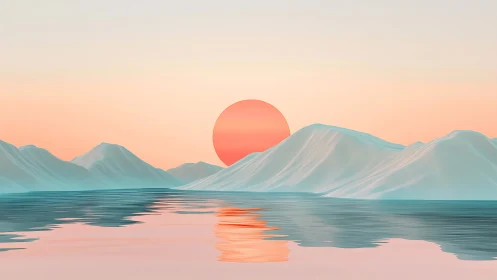 3D pastel seascape with glacial forms and sun disc horizon.