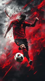 Dynamic football striker in red kit amid red smoke trails