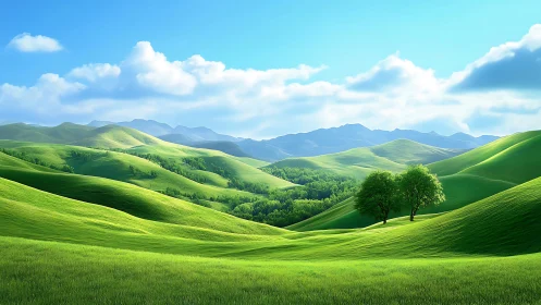 Vibrant green hills under blue sky with distant mountains.