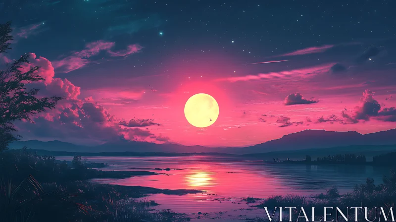 Neon moonrise over calm lake and dreamy twilight hills.