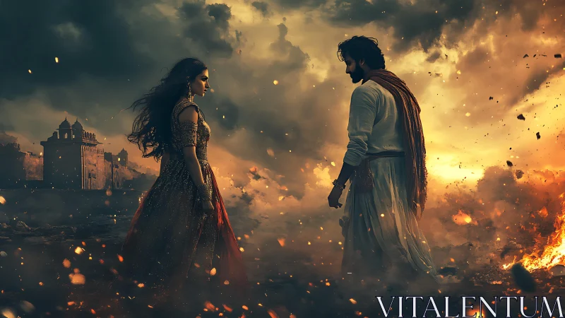 Storm-lit lovers confronting destiny amid burning ruins.