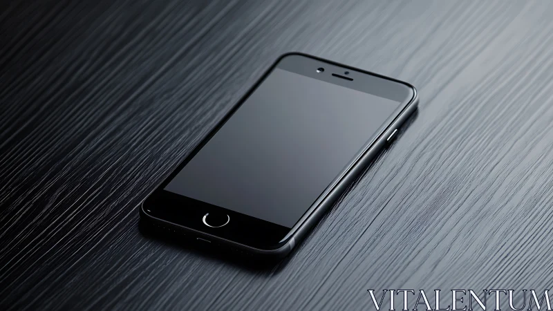 Black smartphone on striped metal surface. Sleek design