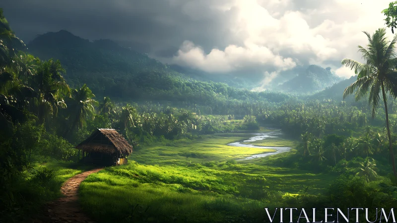 Lush tropical valley landscape in cinematic digital painting style.