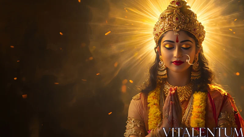 Radiant Hindu goddess in serene golden meditation glow.