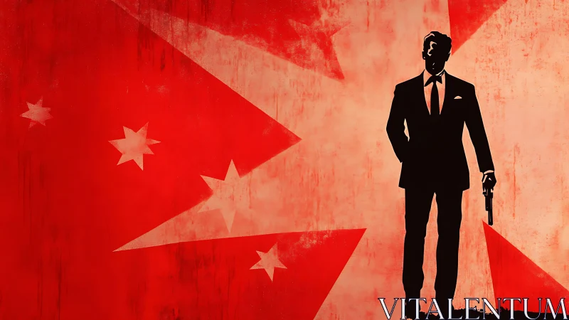 Silhouette secret agent over bold red geometric field.