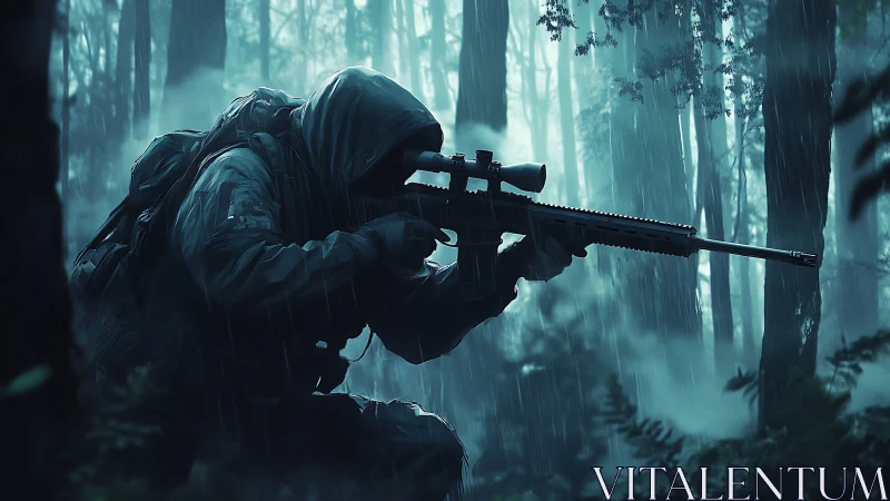 Hooded sniper in saturated rain-soaked conifer forest at dusk