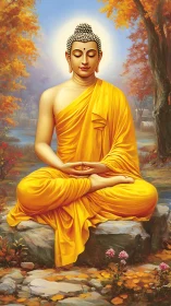 Seated figure in yellow robes amid autumn landscape painting.