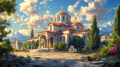 Stone church with domes in landscaped mountain village.